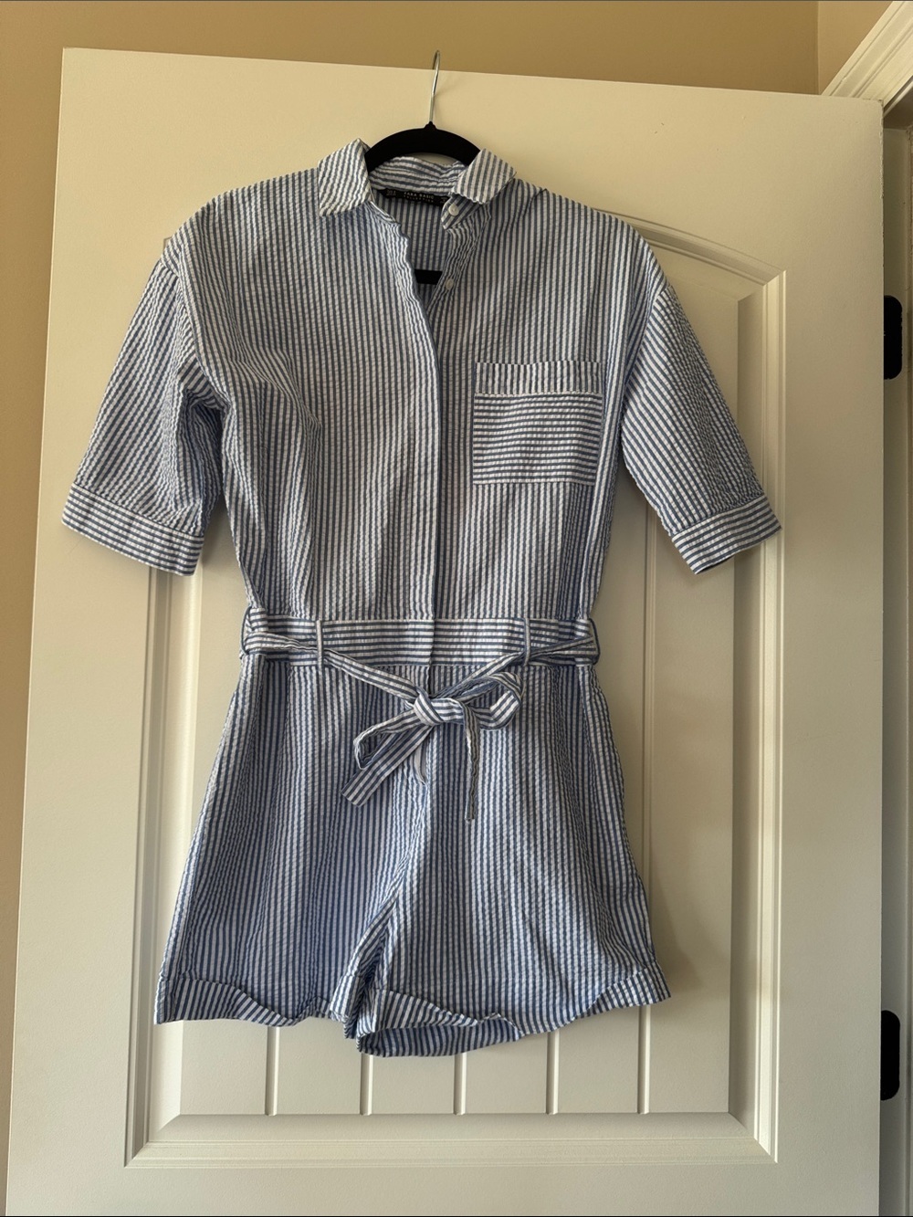 Zara Blue Striped Seer Sucker Romper with Toucan Embroidery - Picture 3 of 7
